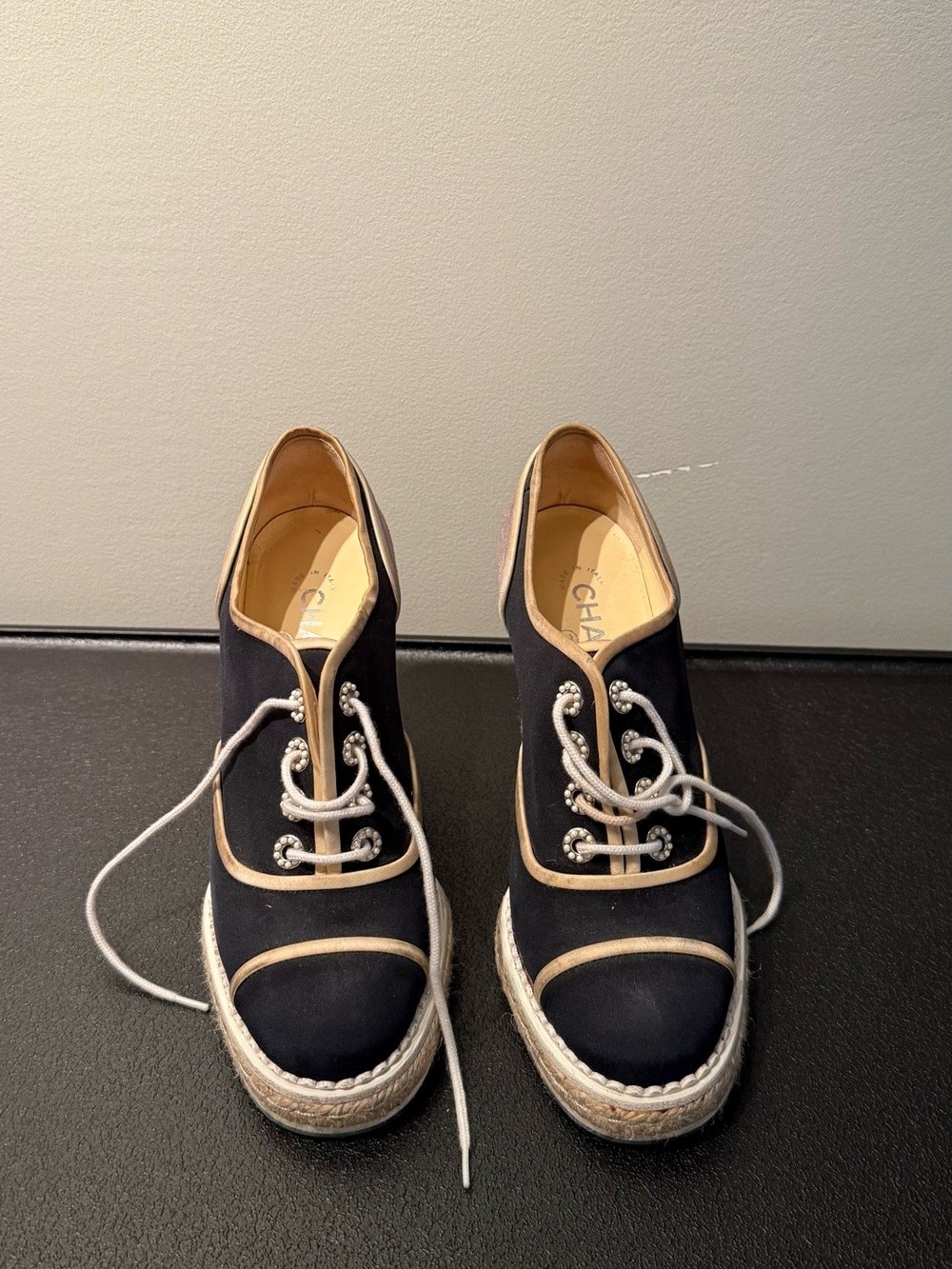 CHANEL Black Espadrille Lace-Up Platform Shoes with Beige Trim